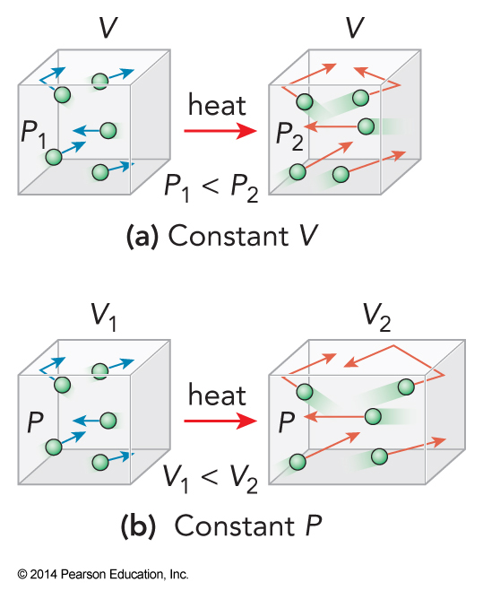 When heat is added to a constant volume system, the particles move faster but they are still as close to each other as originally. When heat is added to a constant pressure system, the particles move faster but spread out.